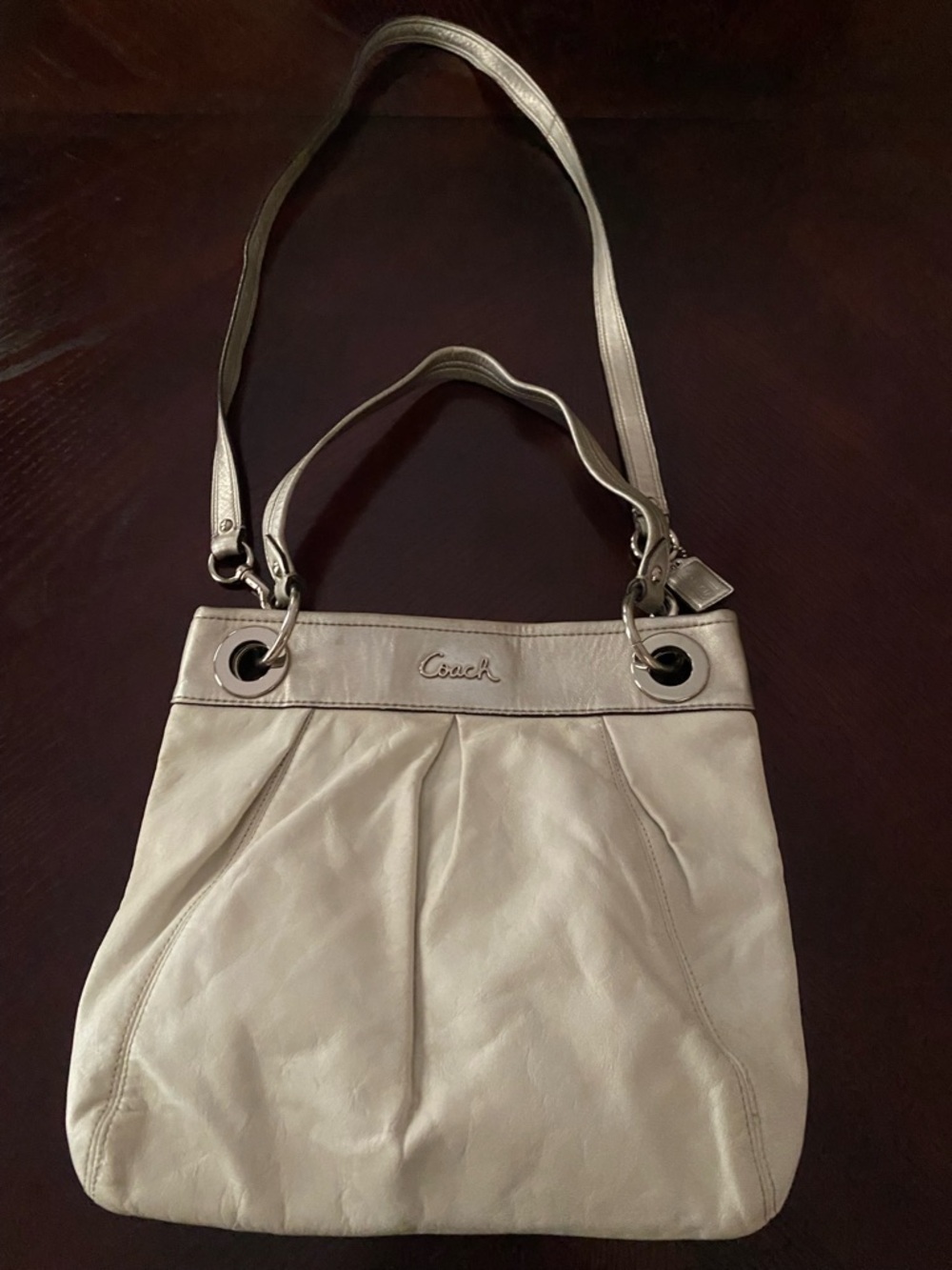 Coach Ashley White Leather Hippy, Metallic Trim, Grommet Accents, pink interior
